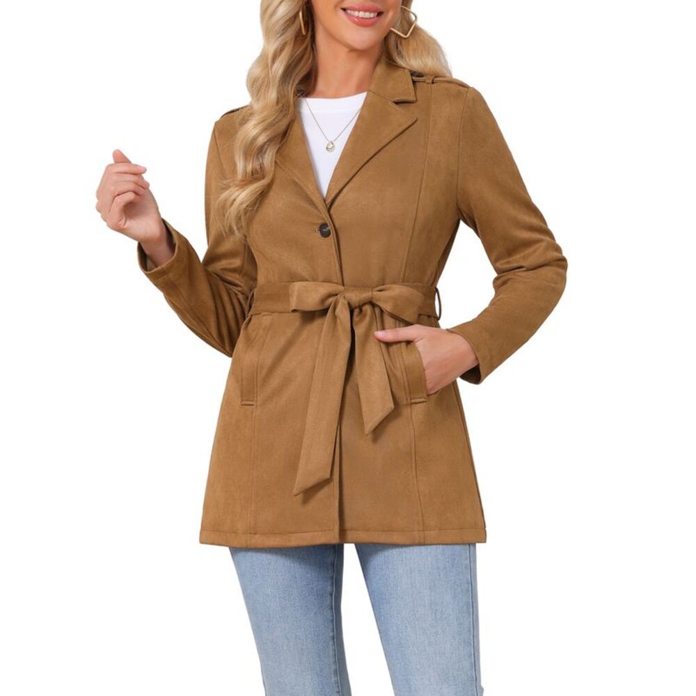 Women's Lapel Suede Work Coat with Belt Faux Suede Jackets Brown